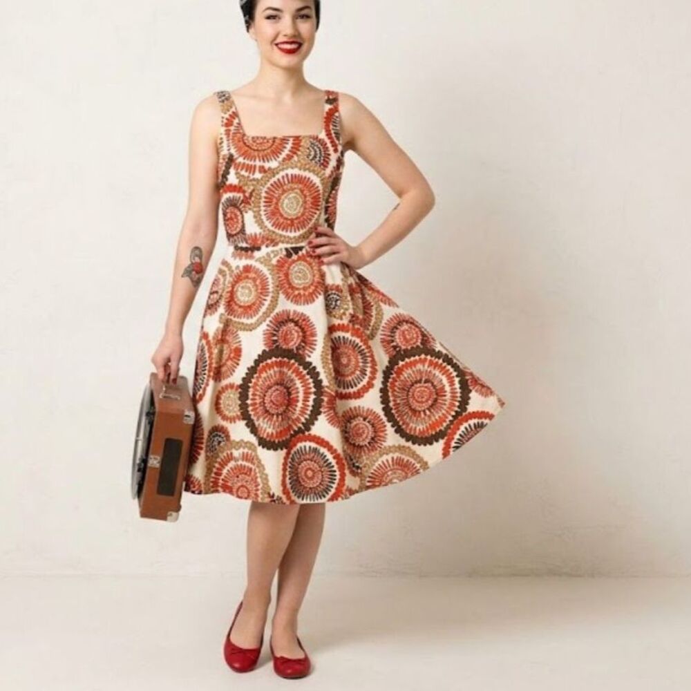 Rockabilly Fit Flare Dress 6 Brown Red Indie Artsy Cotton Stretch Classic Retro